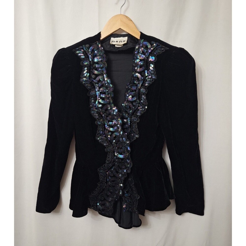 Vintage 80s ZUM ZUM Velvet Blazer Sz XS/S Black Sequin Victorian Regency Witchy